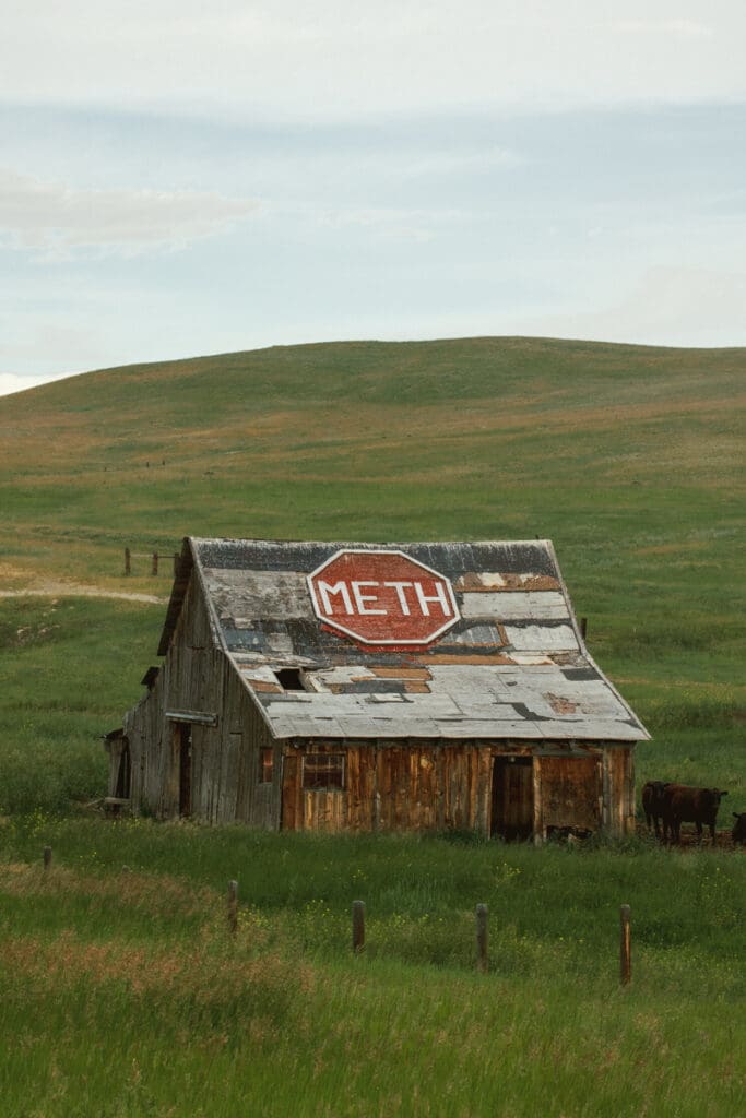 barn in montana with "stop meth" painted on top