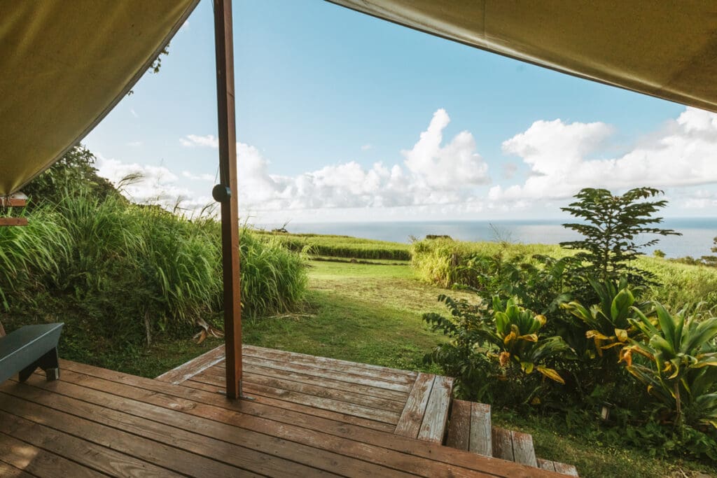 Ocean view deck at Big Island Hawaii glamping rental property