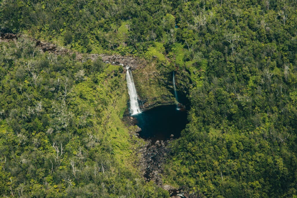 Big Island Hawaii rainforest waterfall from above